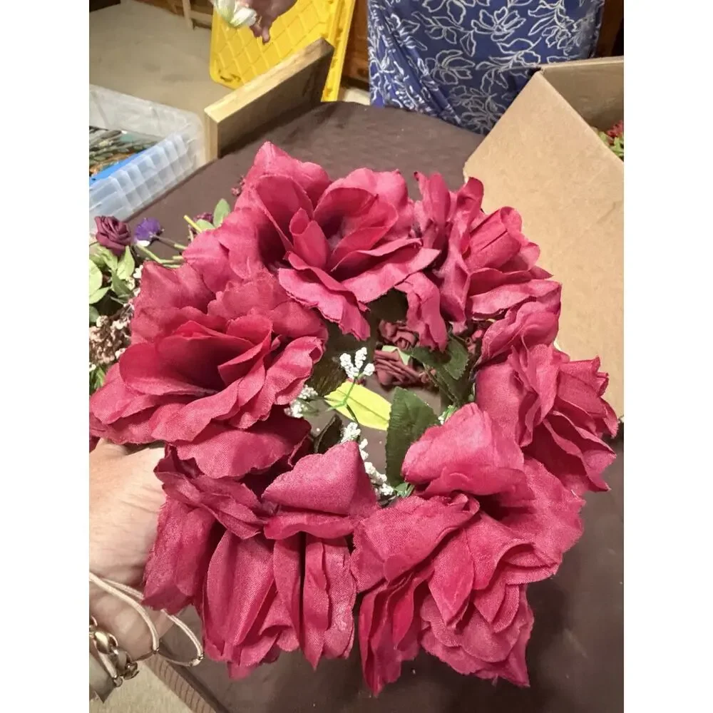 Large Lot / Box of Miscellaneous Artificial Silk Flowers - Burgundy Shades